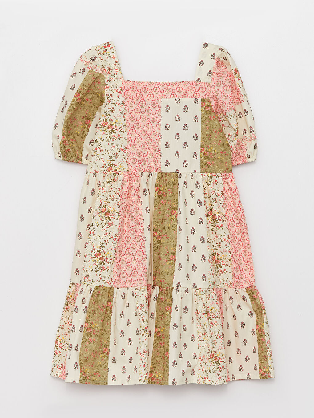 Ekru Kare Yaka Desenli Kısa Kollu Kız Çocuk Elbise