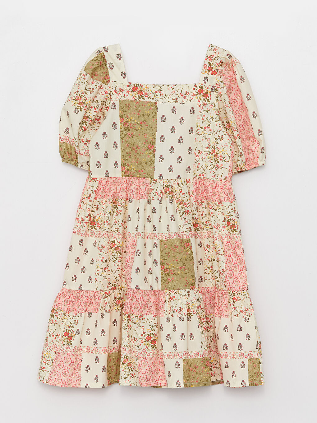 Ekru Kare Yaka Desenli Kısa Kollu Kız Çocuk Elbise-1