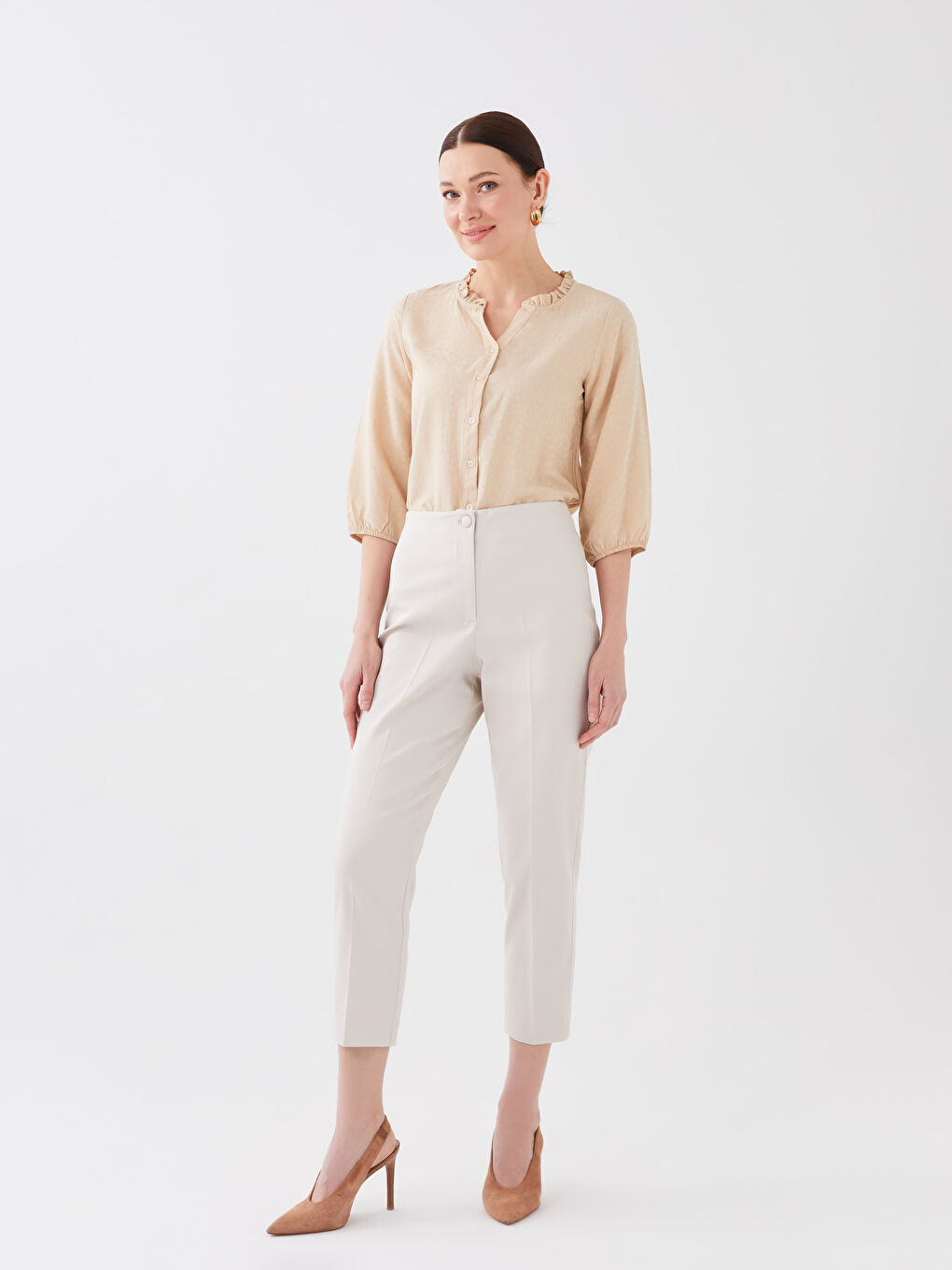 Gri Beli Lastikli Dar Fit Kadın Pantolon