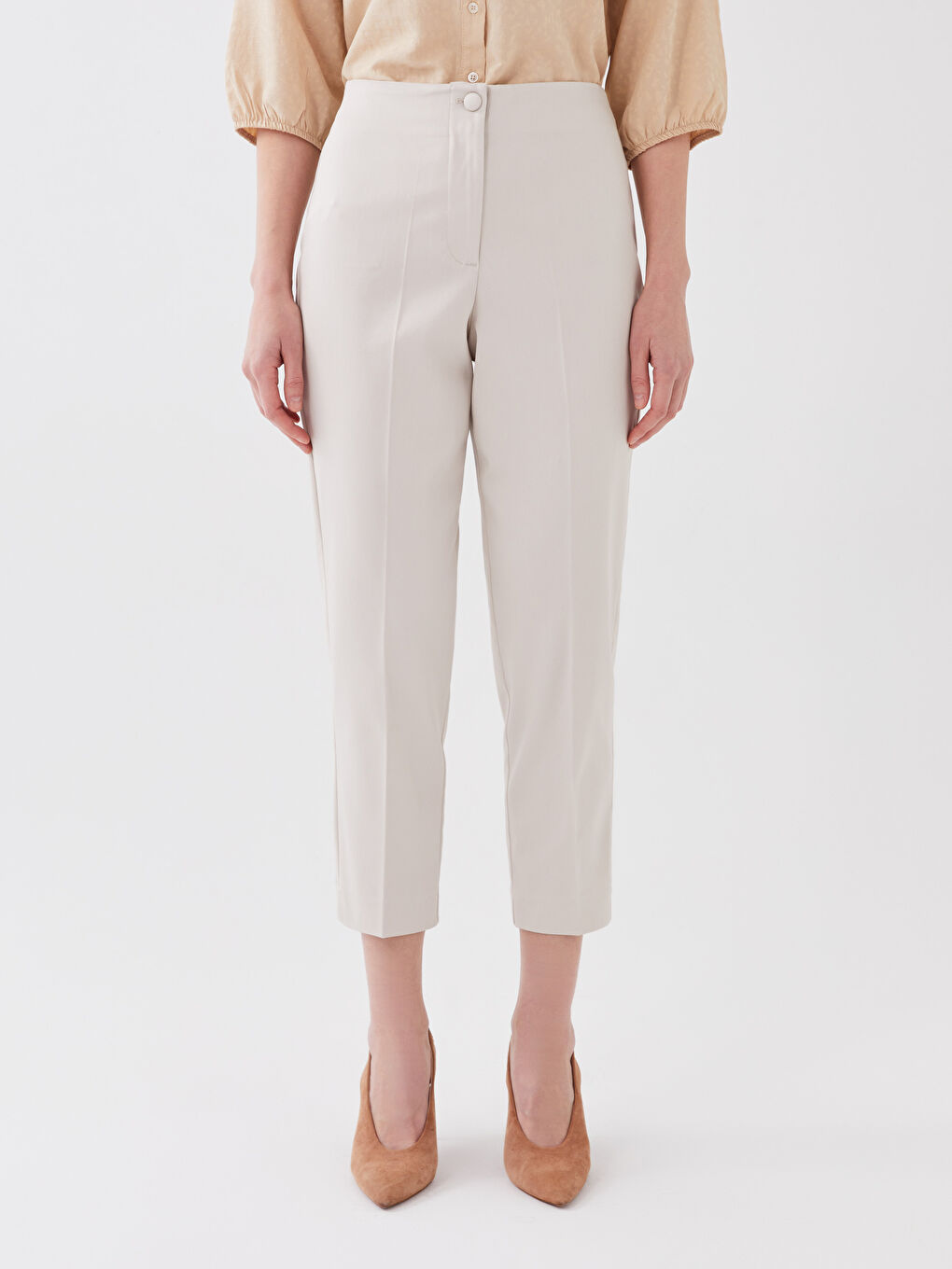 Gri Beli Lastikli Dar Fit Kadın Pantolon-2