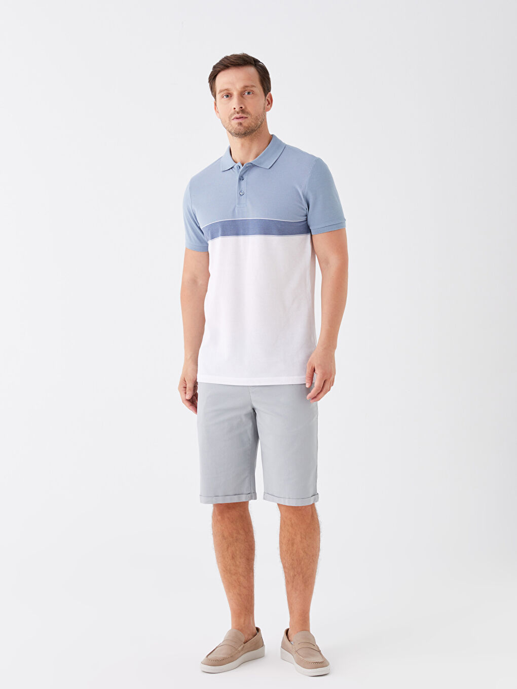 Mavi Polo Yaka Kısa Kollu Renk Bloklu Erkek Tişört-2