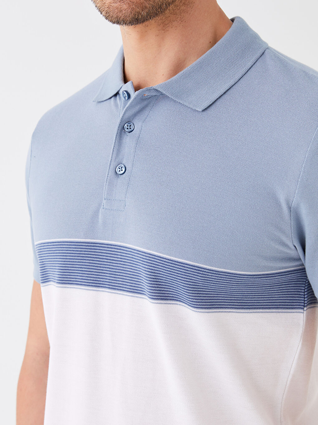 Mavi Polo Yaka Kısa Kollu Renk Bloklu Erkek Tişört-3