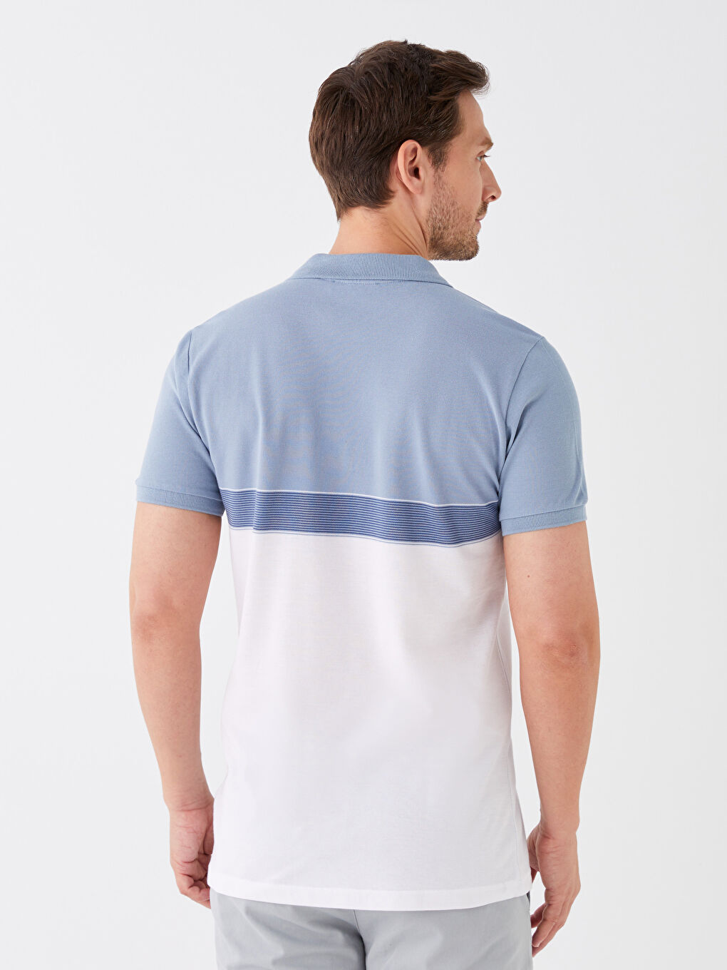 Mavi Polo Yaka Kısa Kollu Renk Bloklu Erkek Tişört-4