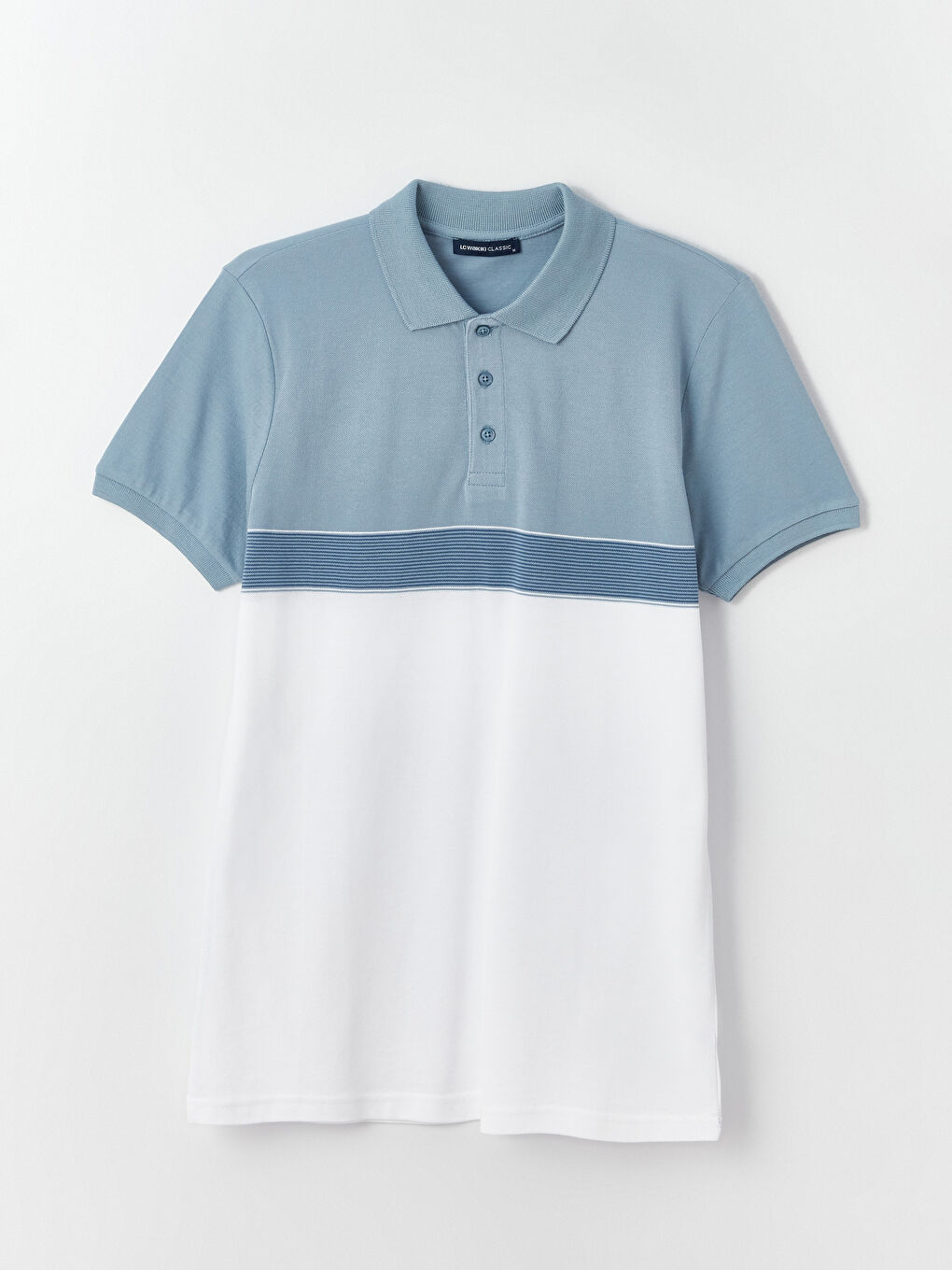 Mavi Polo Yaka Kısa Kollu Renk Bloklu Erkek Tişört-5