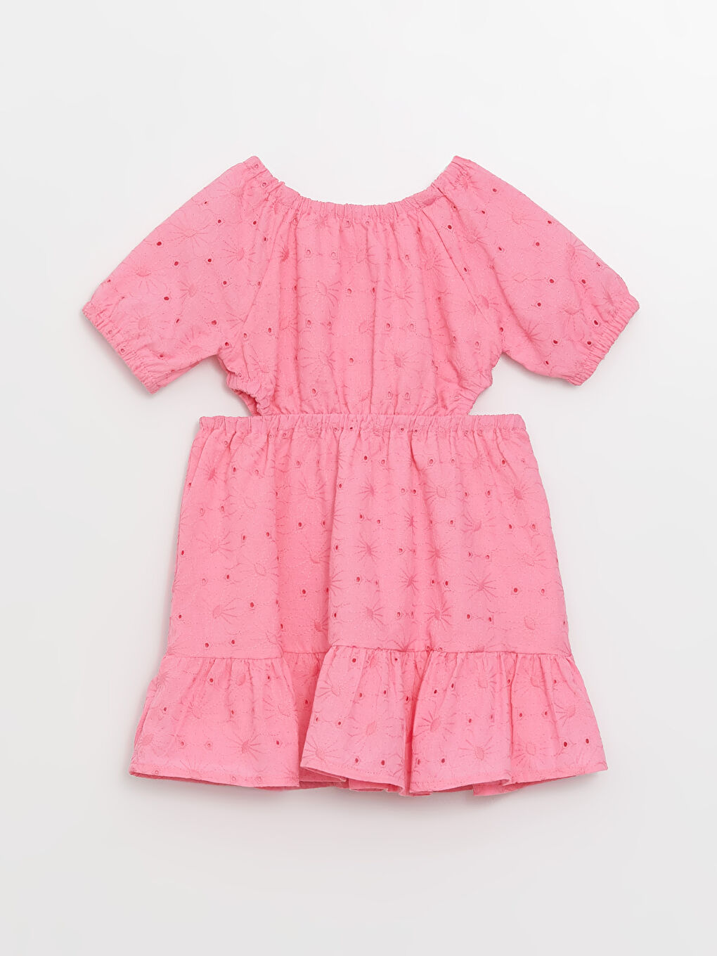 Pembe Bisiklet Yaka Kendinden Desenli Kız Bebek Elbise-1