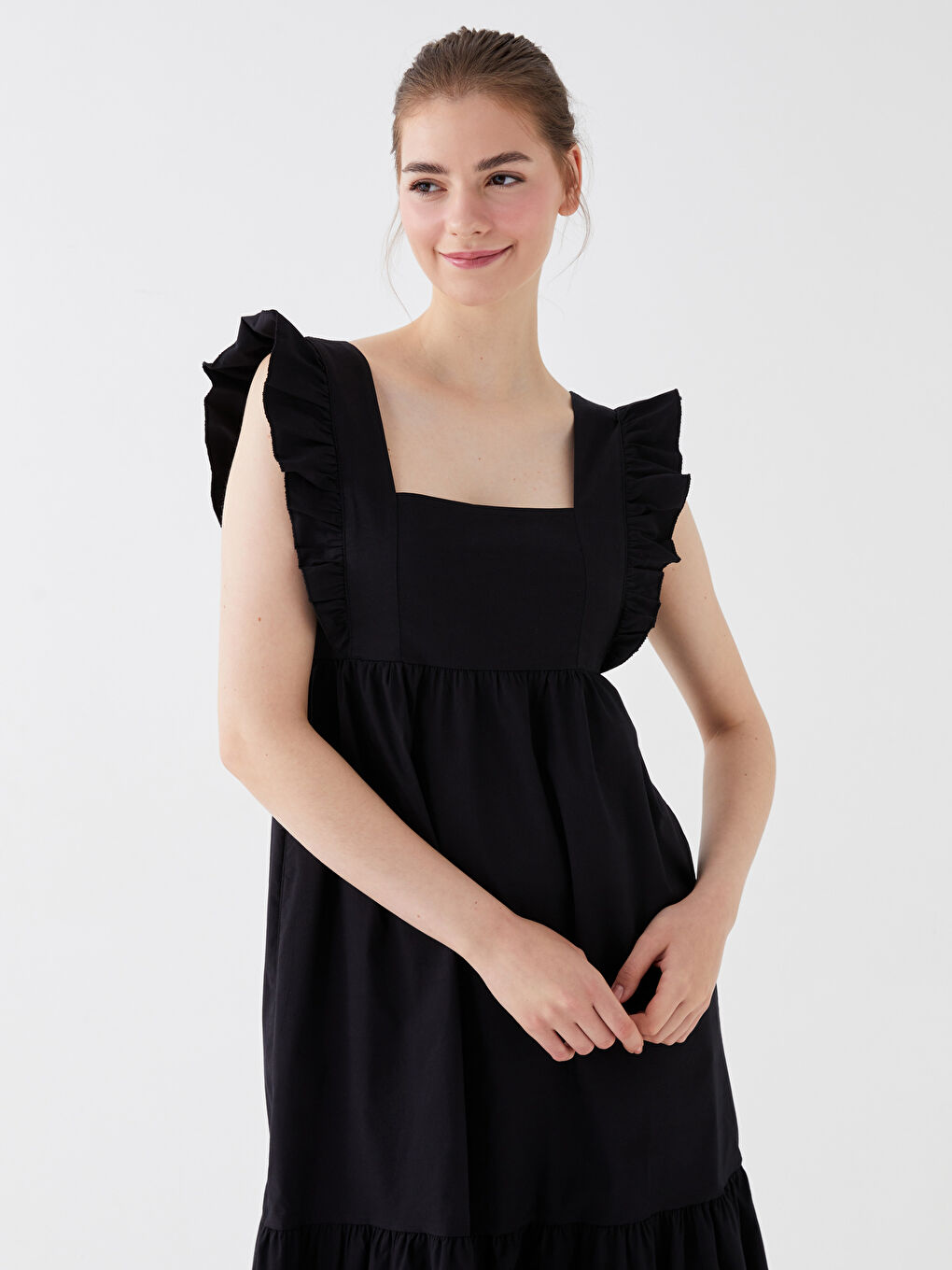 Siyah Kare Yaka Düz Poplin Kadın Elbise-2