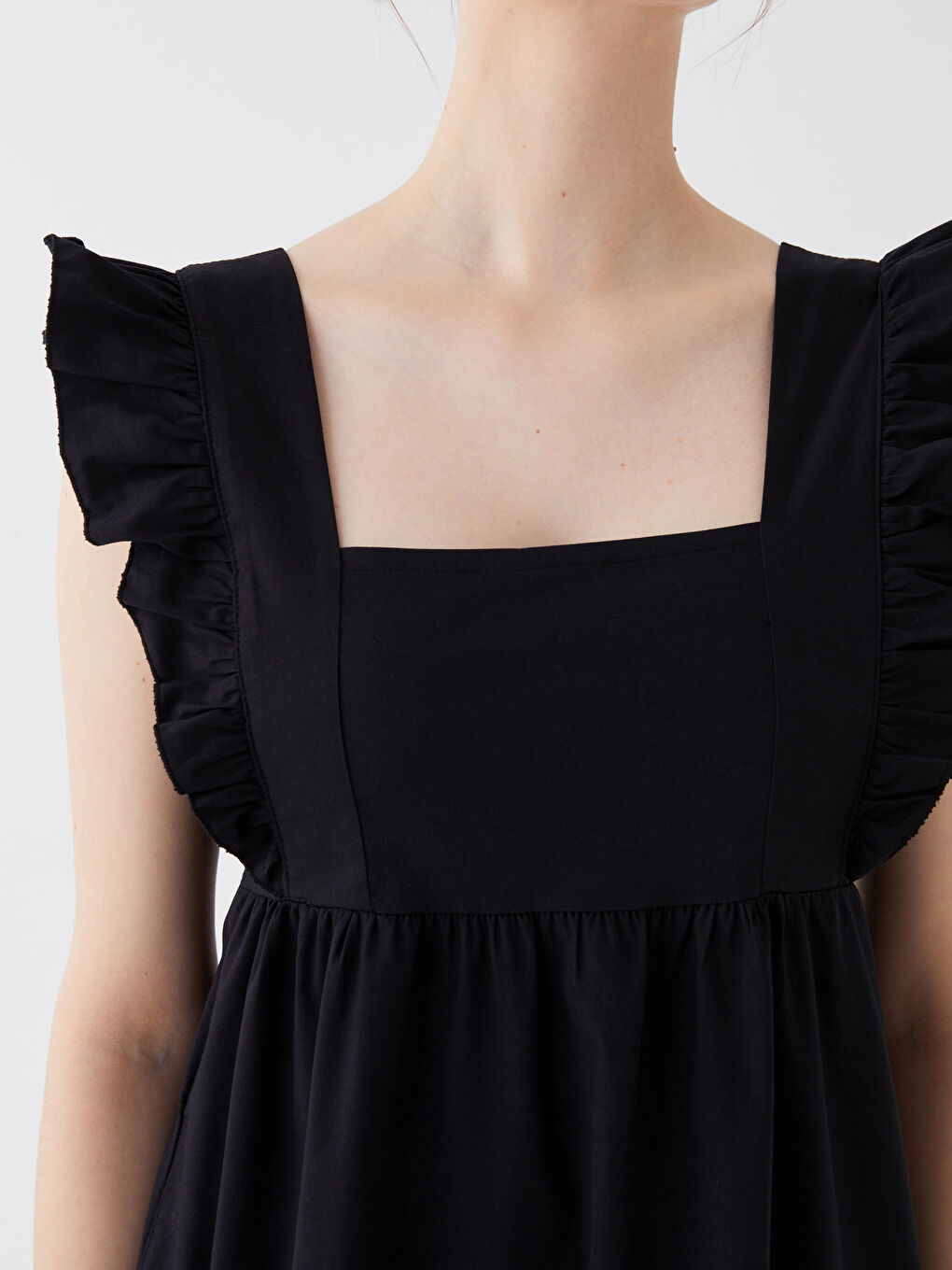 Siyah Kare Yaka Düz Poplin Kadın Elbise-3