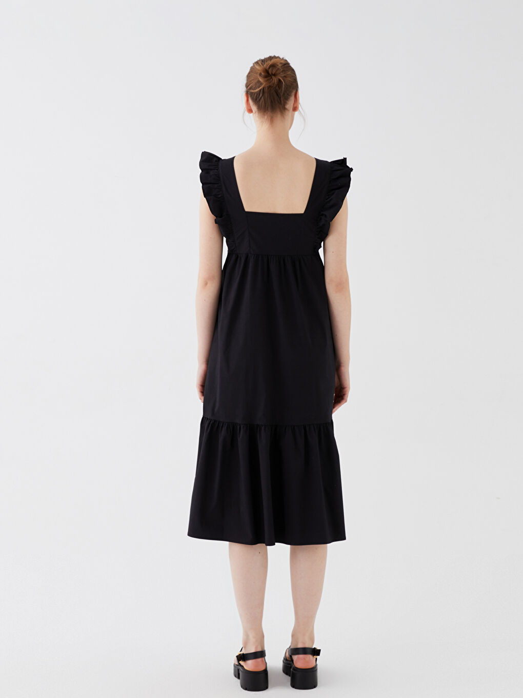 Siyah Kare Yaka Düz Poplin Kadın Elbise-4