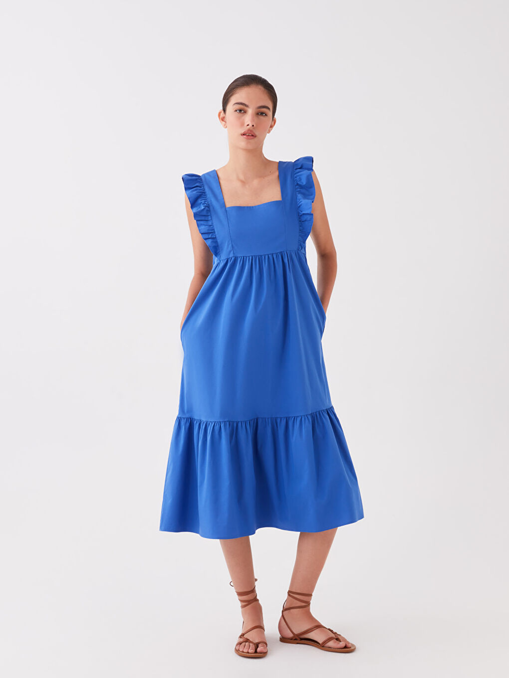 Mavi Kare Yaka Düz Poplin Kadın Elbise