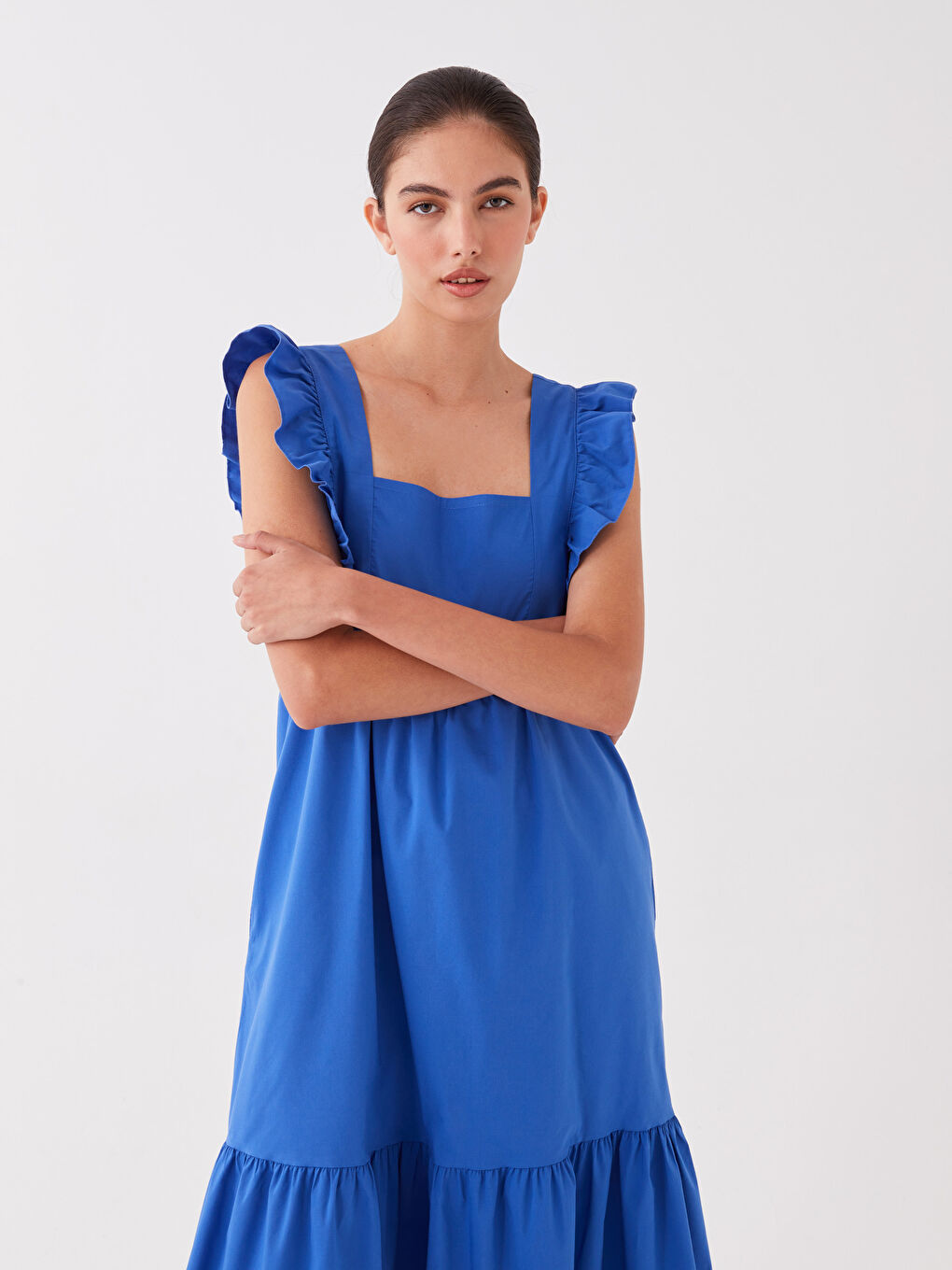 Mavi Kare Yaka Düz Poplin Kadın Elbise-1