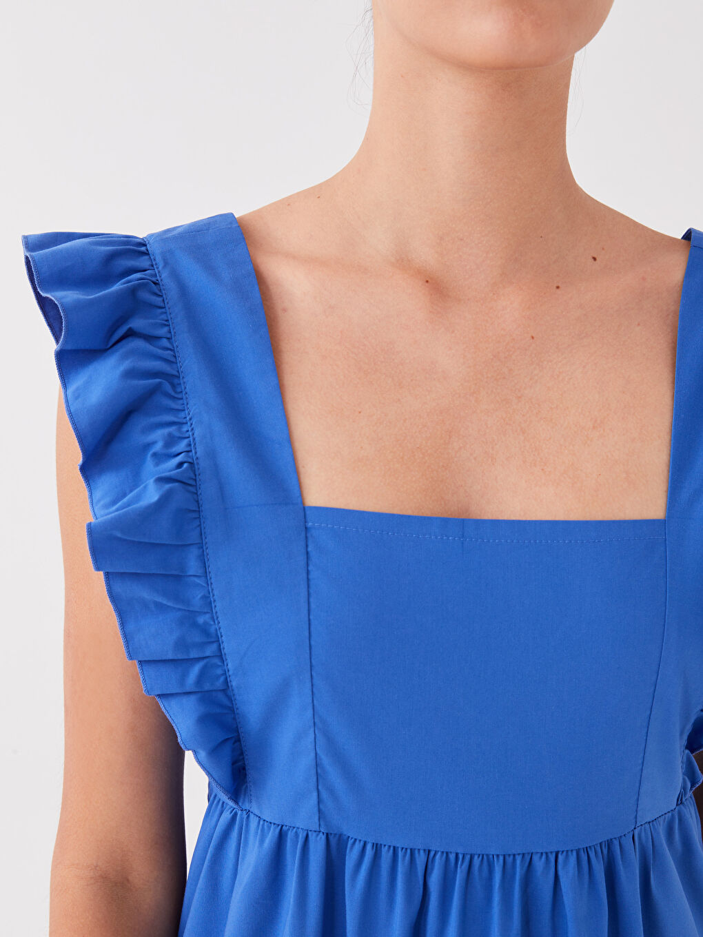 Mavi Kare Yaka Düz Poplin Kadın Elbise-2