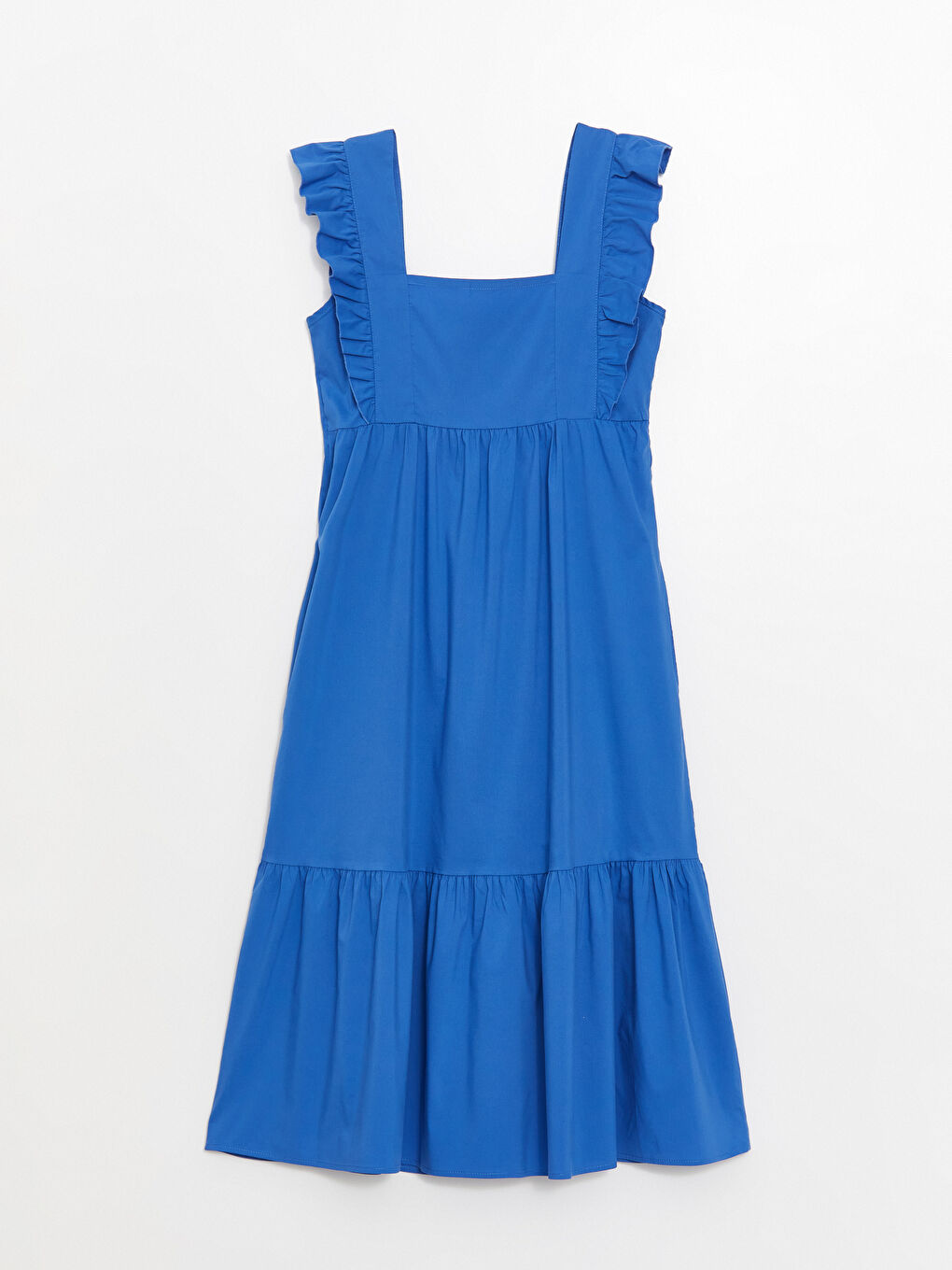 Mavi Kare Yaka Düz Poplin Kadın Elbise-4