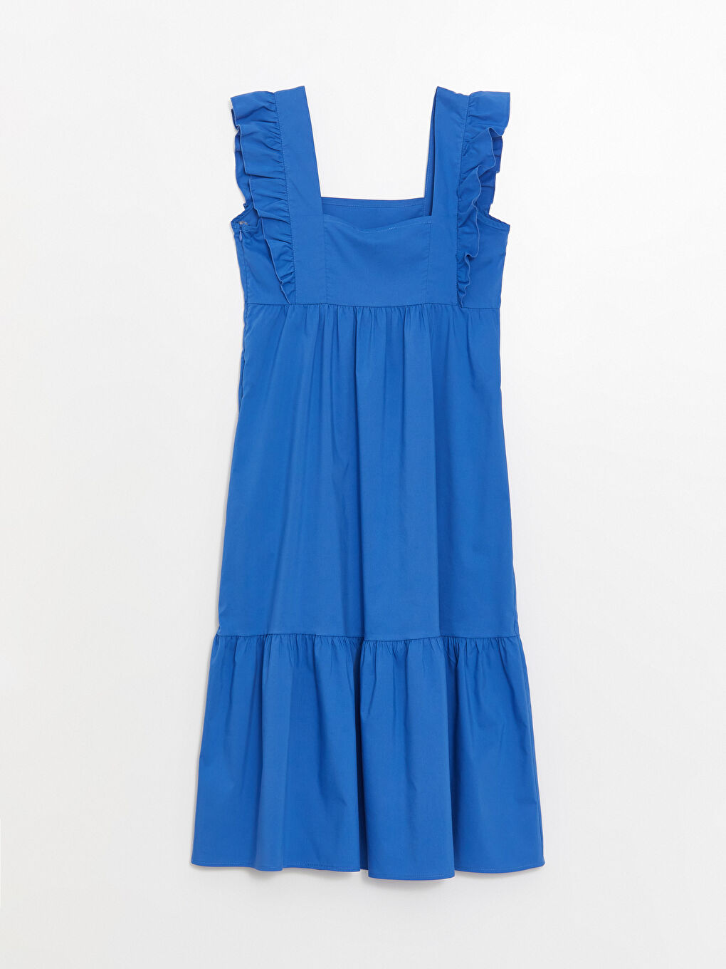 Mavi Kare Yaka Düz Poplin Kadın Elbise-5