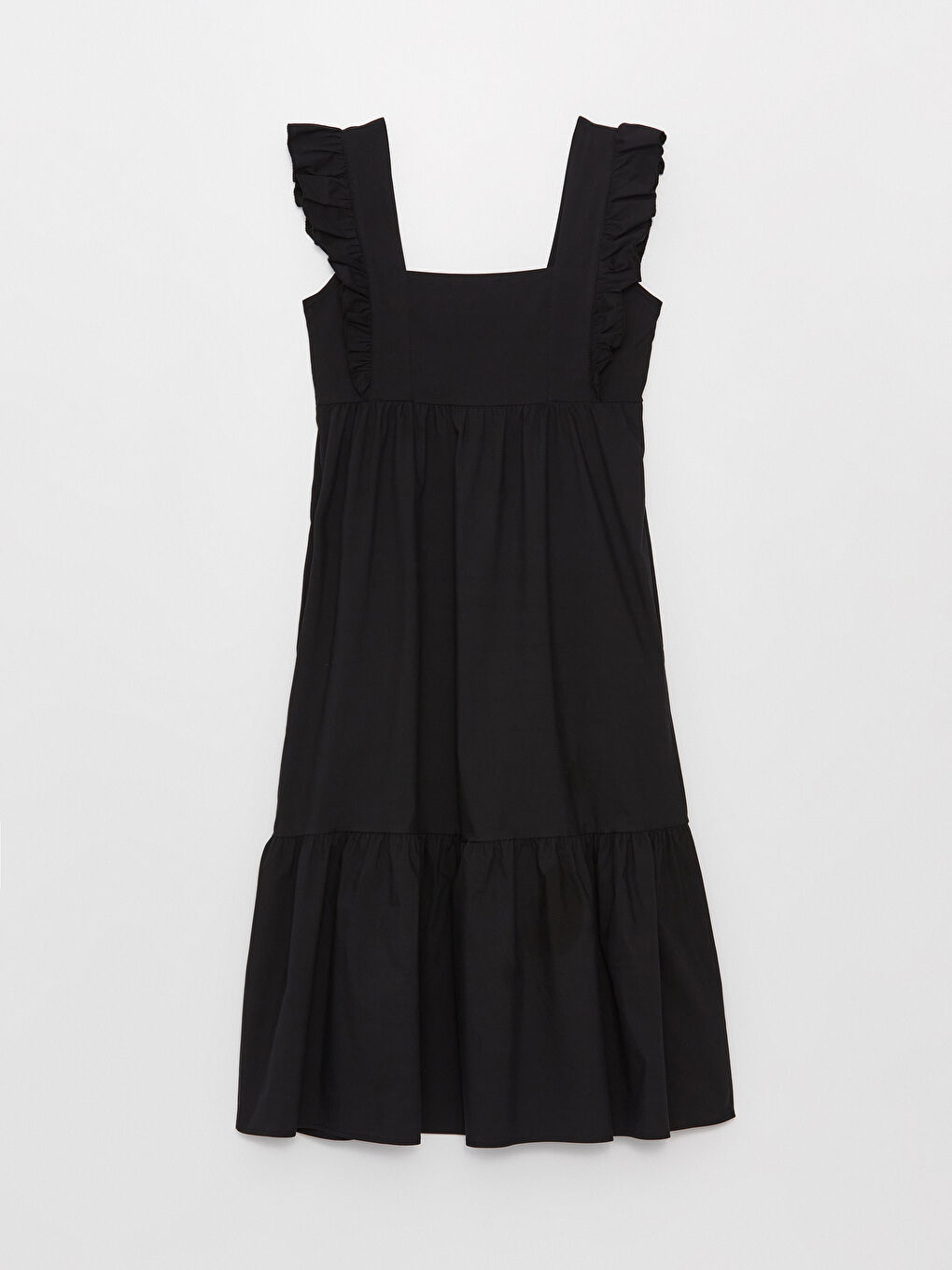 Siyah Kare Yaka Düz Poplin Kadın Elbise-5