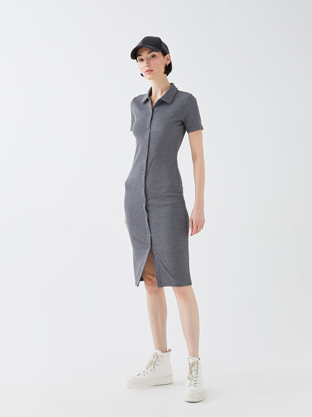 Polo Neck Plain Short Sleeve Women's Bodycon Dress -S3DL92Z8-LAL