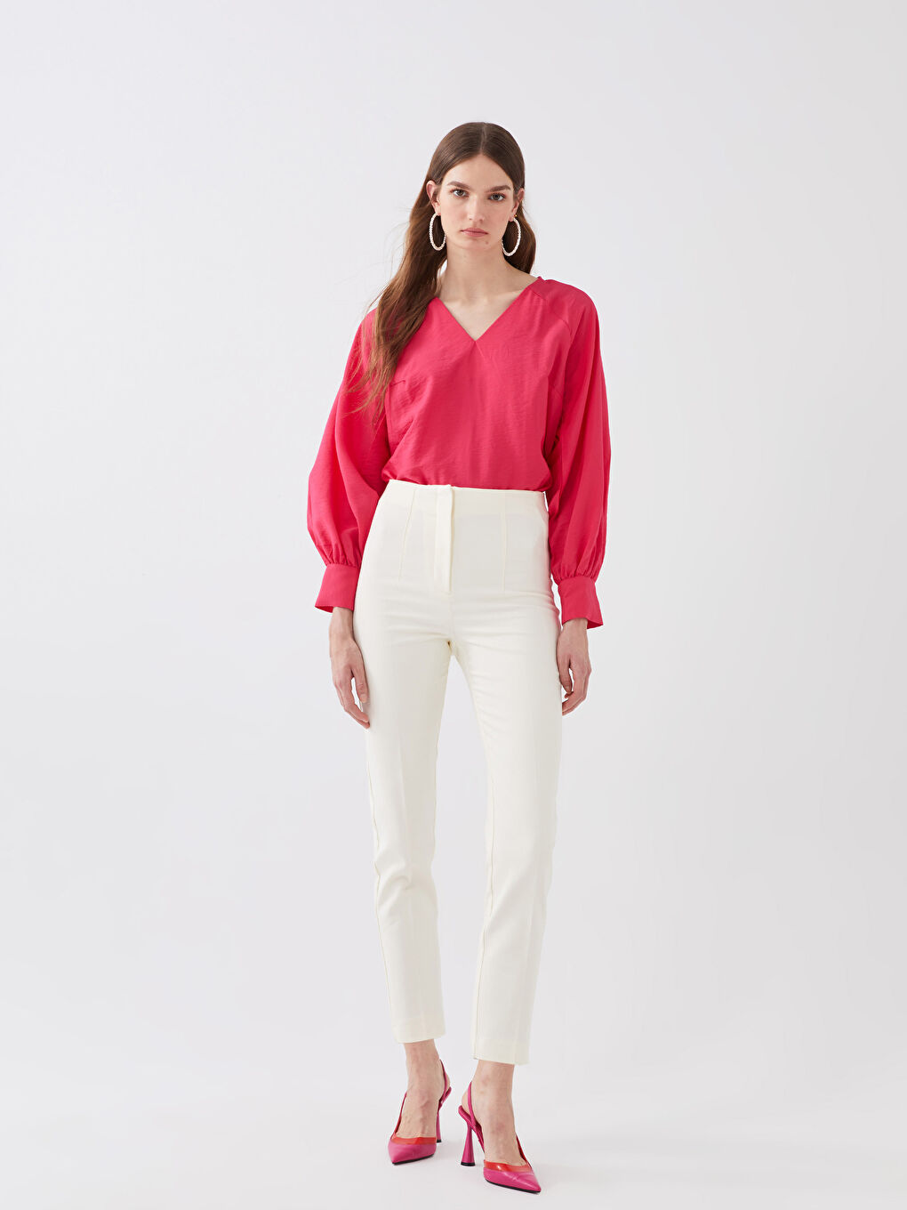 Ekru Kadın Standart Fit Düz Pantolon-1