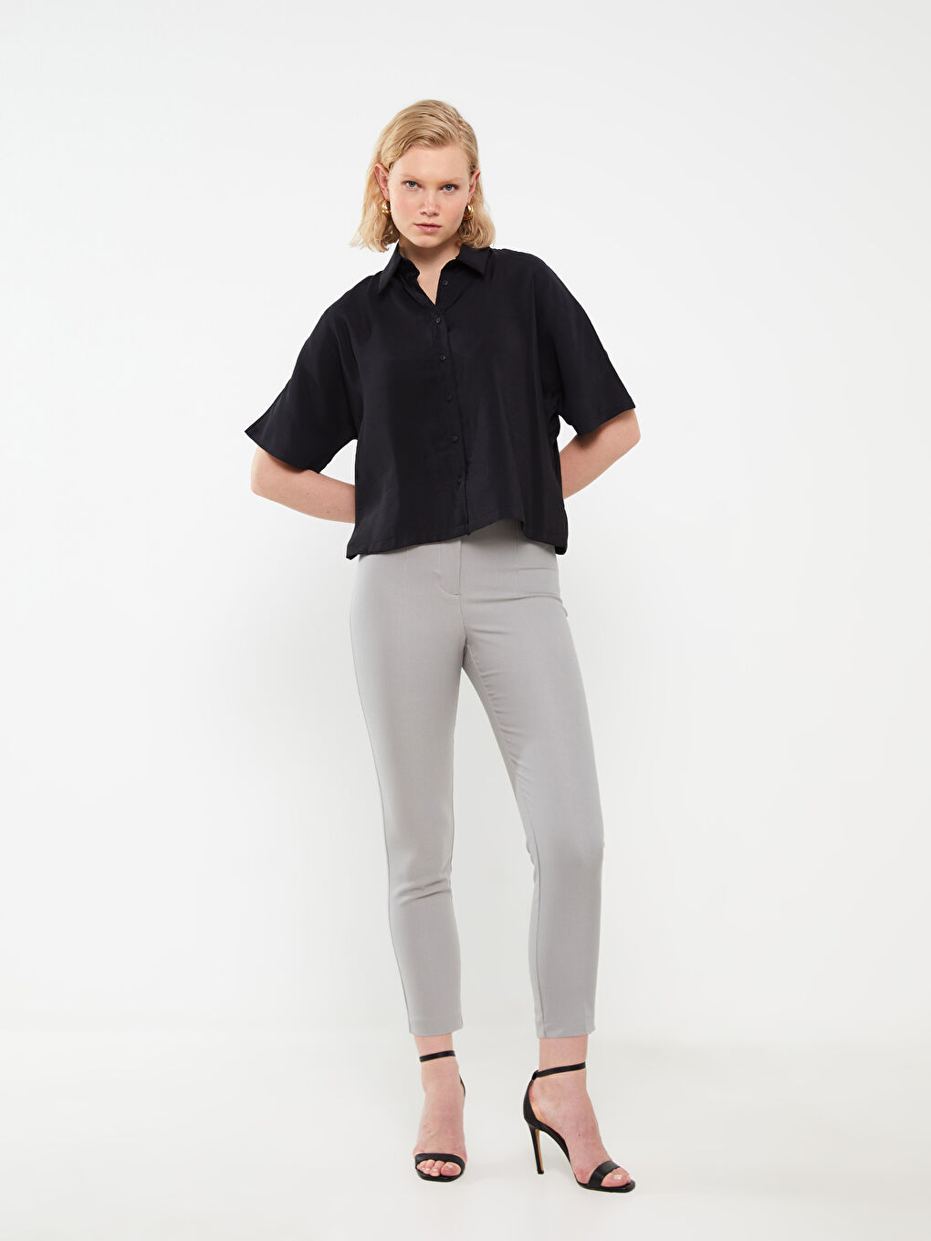 Gri Kadın Yüksek Bel Standart Fit Düz Pantolon-1