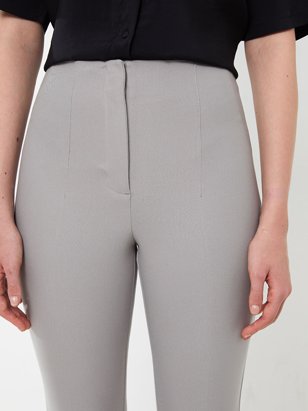 Gri Kadın Yüksek Bel Standart Fit Düz Pantolon-2