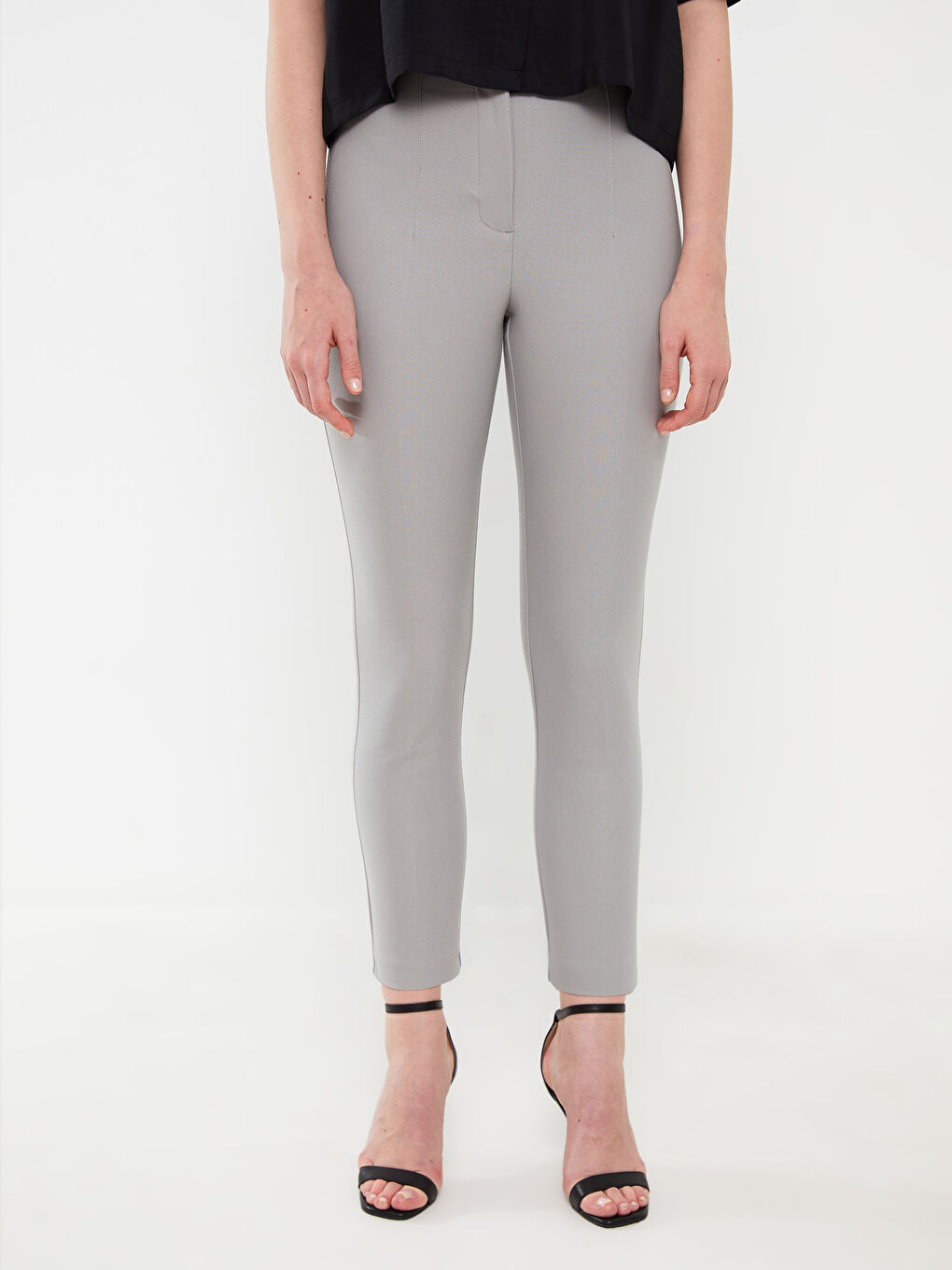 Gri Kadın Yüksek Bel Standart Fit Düz Pantolon-3
