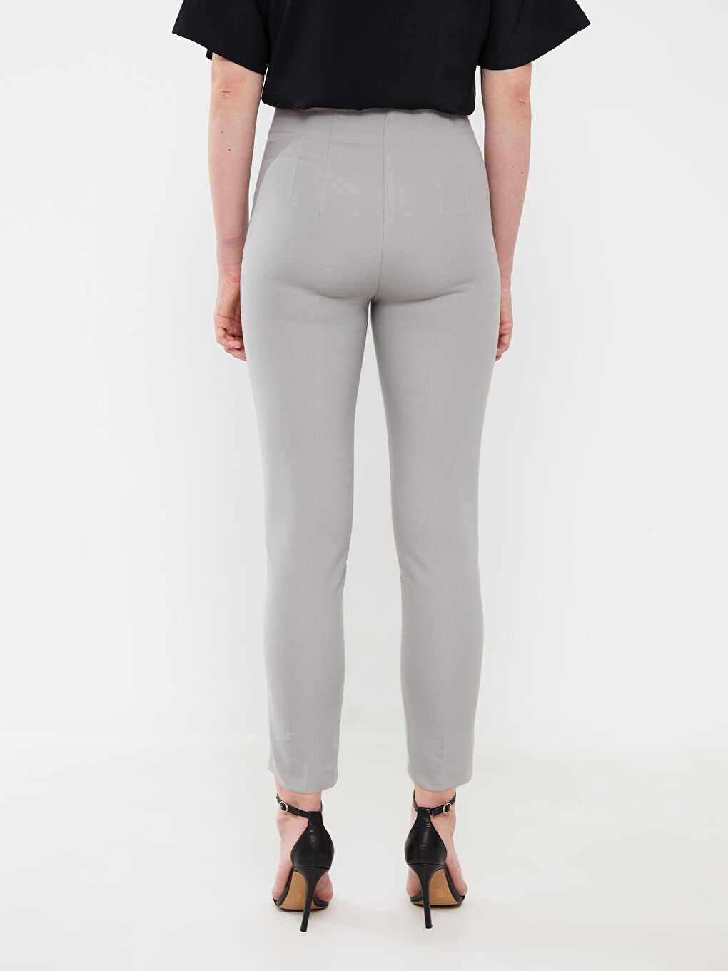 Gri Kadın Yüksek Bel Standart Fit Düz Pantolon-4