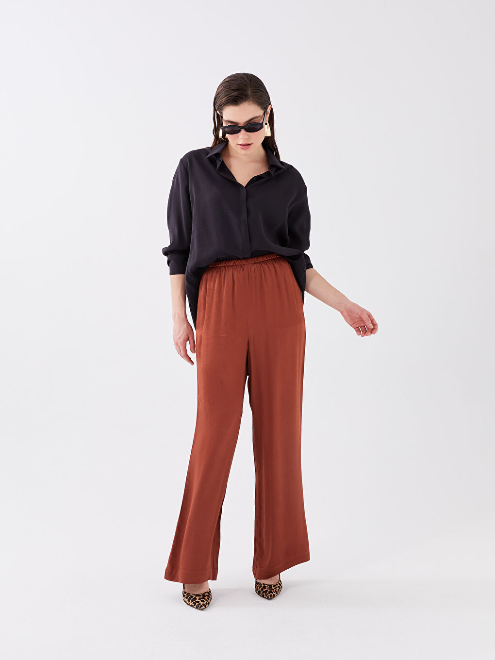 Elasticated Waist Plain Wide Leg Women's Trousers-1