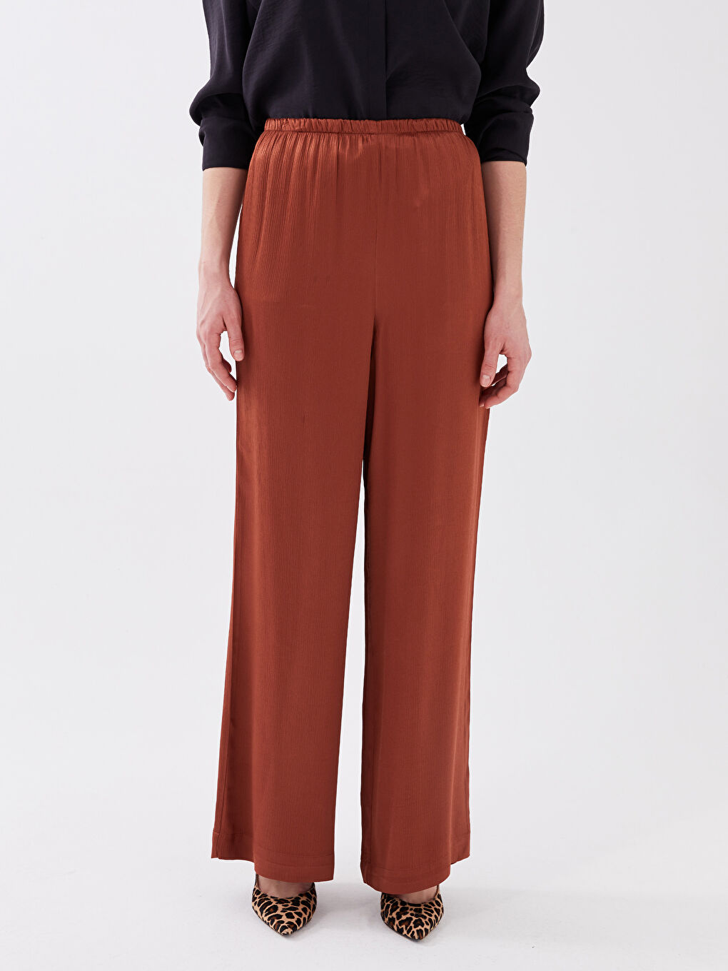 Elasticated Waist Plain Wide Leg Women's Trousers-3