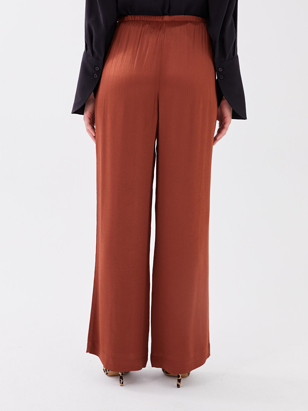 Elasticated Waist Plain Wide Leg Women's Trousers-4