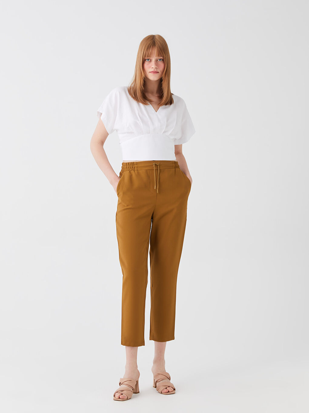 Женские однотонные брюки с эластичным поясом-1