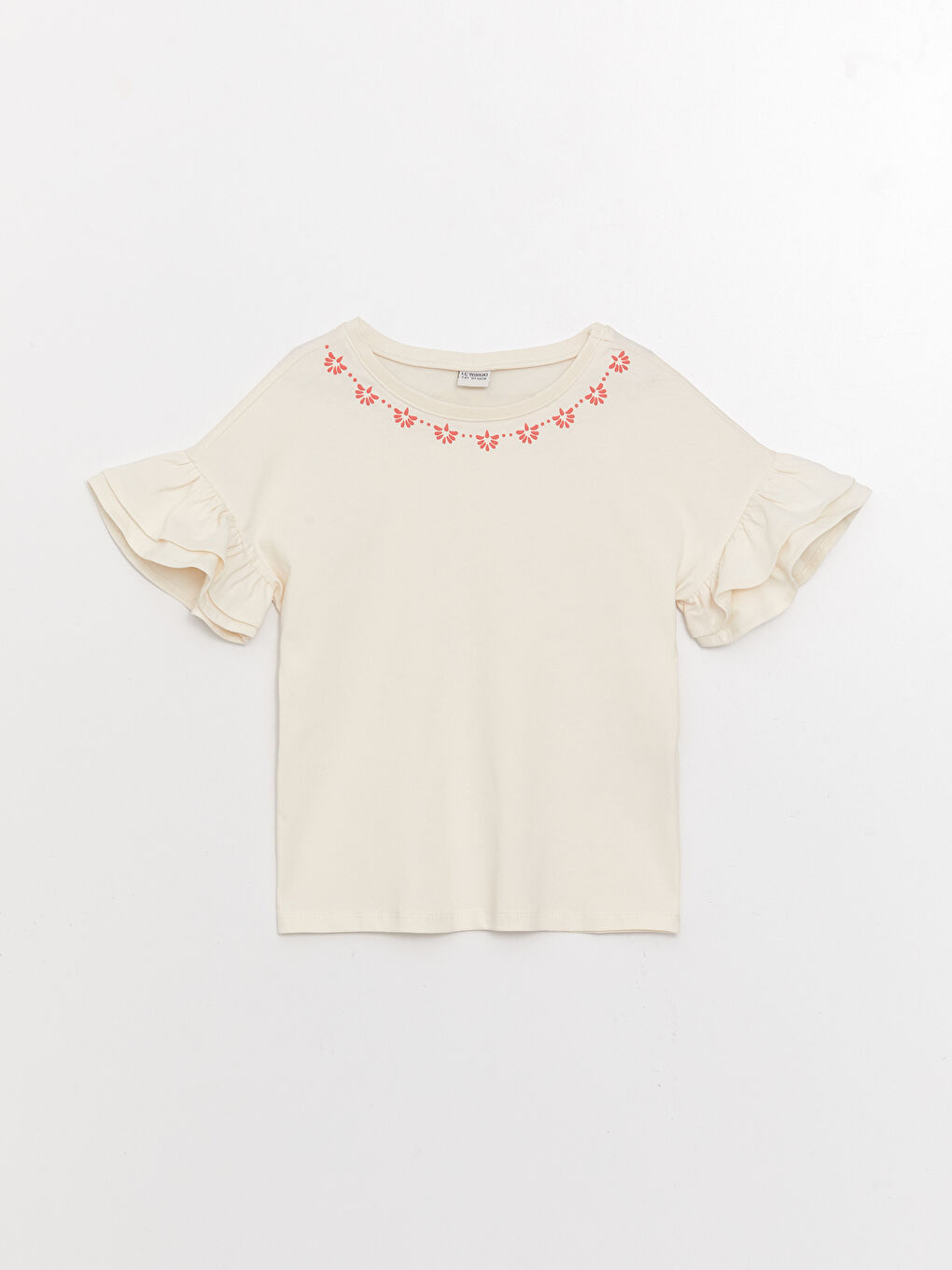 Ekru Bisiklet Yaka Baskılı Kısa Kollu Kız Çocuk Tişört