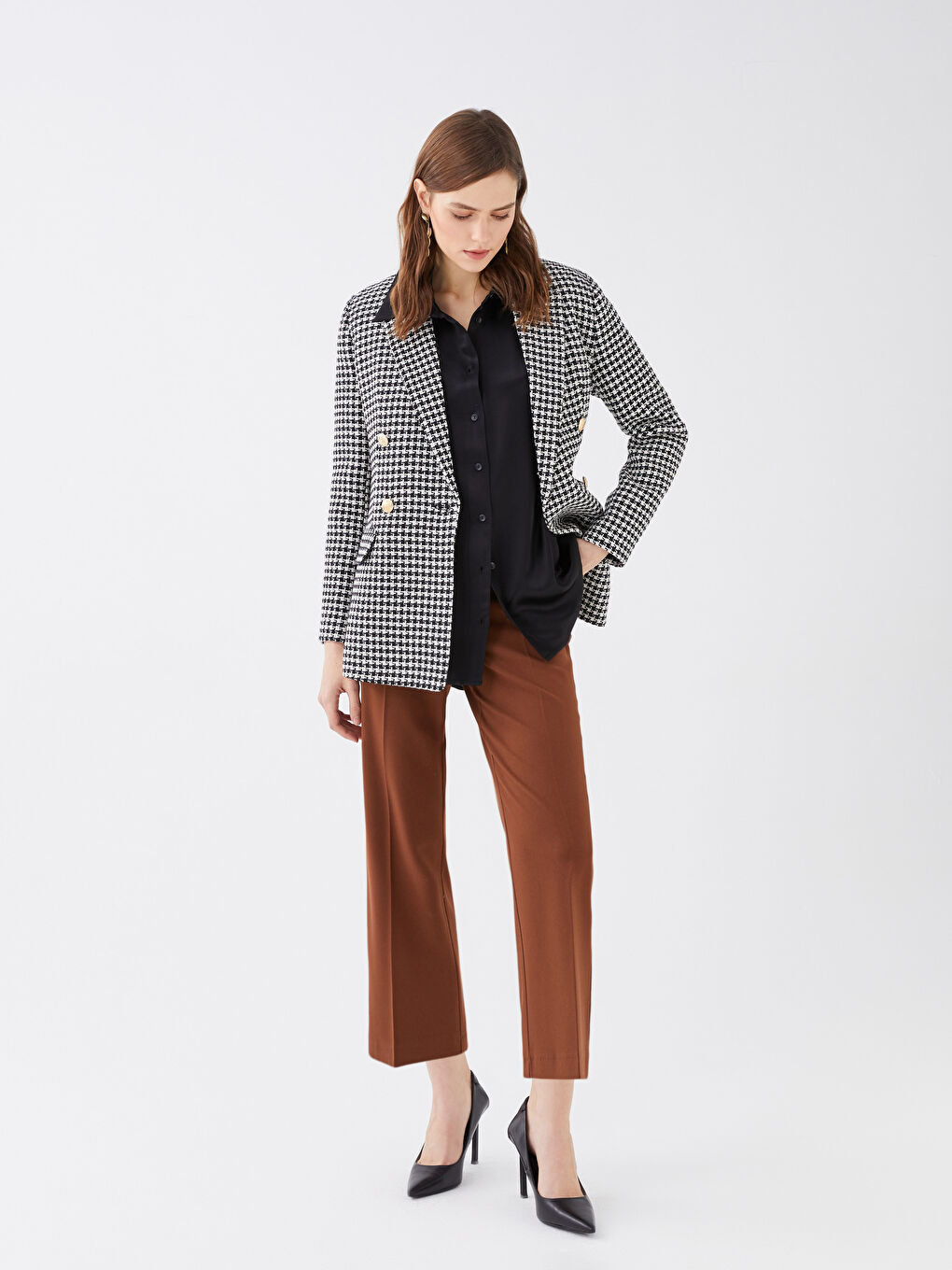 Pantaloni Simpli cu Talie Înaltă și Croială Regular pentru Femei-1