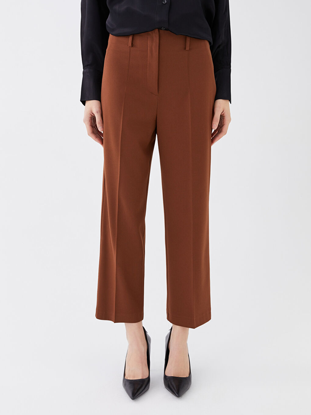 Pantaloni Simpli cu Talie Înaltă și Croială Regular pentru Femei-3