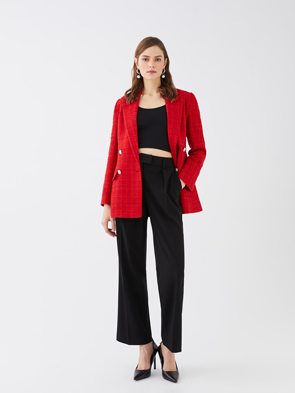 Siyah Kadın Yüksek Bel Rahat Kalıp Düz Pantolon-1