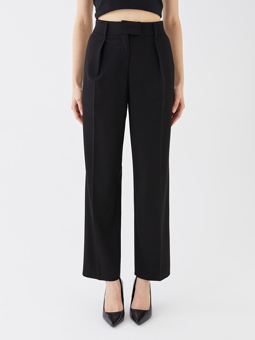 Siyah Kadın Yüksek Bel Rahat Kalıp Düz Pantolon-3
