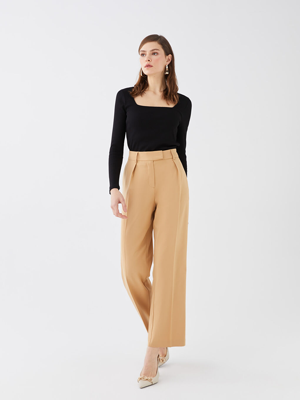 High Waisted Relaxed Fit Regular Women's Trousers-1