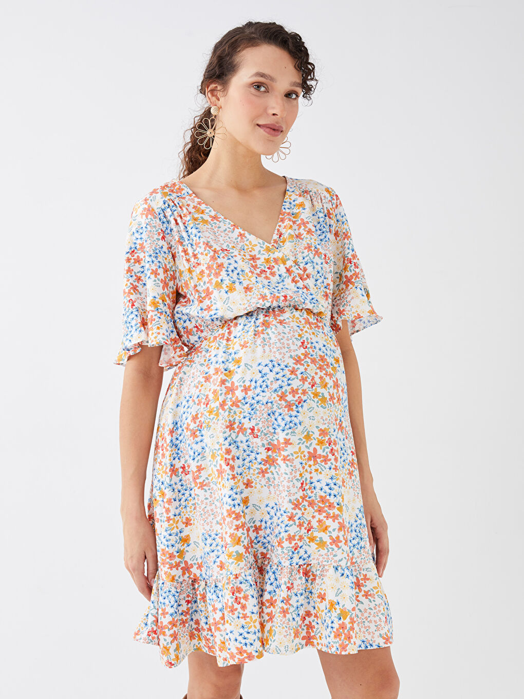 LCWAIKIKI Maternity Robe Maternité à Motifs à Col Double Boutonnage et Manches Courtes -S3DM47Z8-LT4