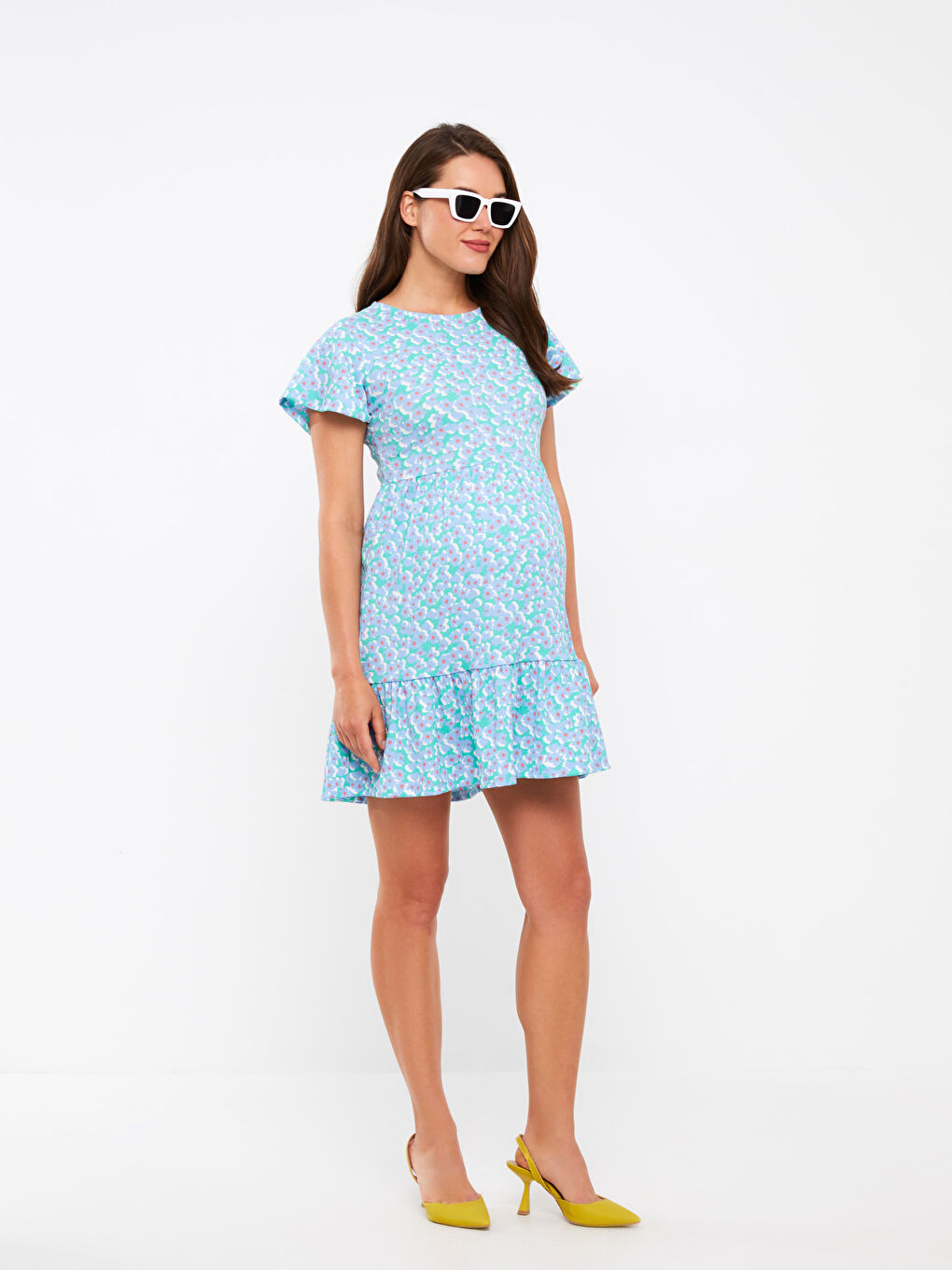 Crew Neck Patterned Short Sleeve Crinkled Maternity Dress -S3DM48Z8-LRR