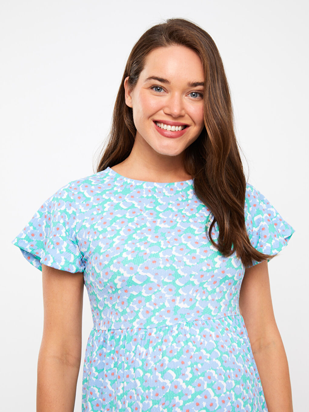 Crew Neck Patterned Short Sleeve Crinkled Maternity Dress -S3DM48Z8-LRR