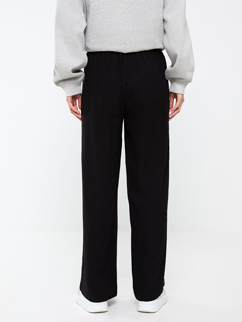 Siyah Kadın Beli Lastikli Düz Pantolon-4