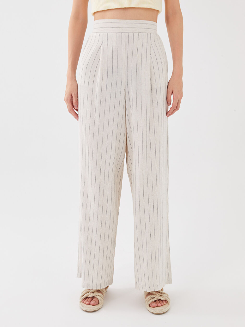 Bej Beli Lastikli Rahat Kalıp Kadın Keten Pantolon-2