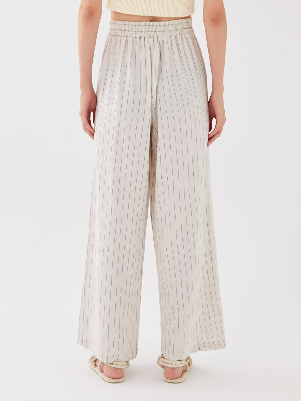 Bej Beli Lastikli Rahat Kalıp Kadın Keten Pantolon-3