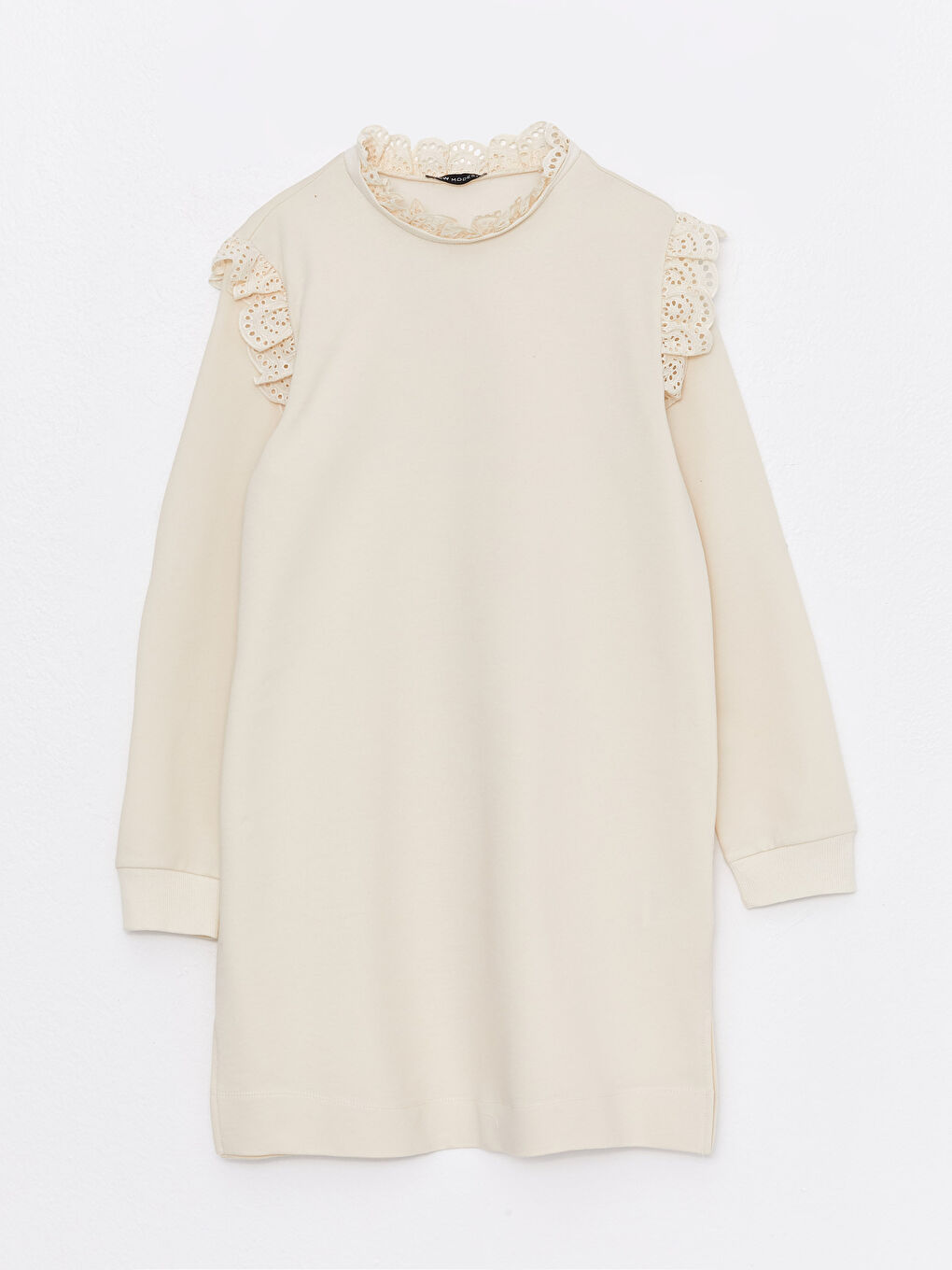 Ekru Dik Yaka Nakışlı Uzun Kollu Kadın Sweatshirt Tunik-5