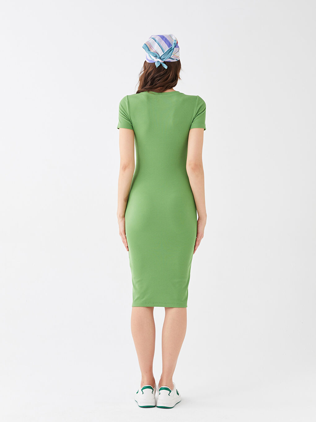 Yeşil Bisiklet Yaka Düz Kısa Kollu Kadın Bodycon Elbise-4