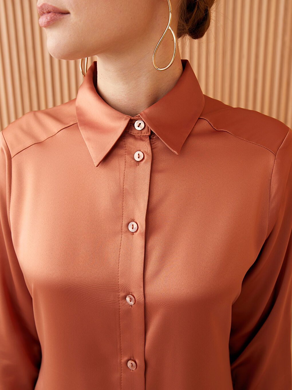 قميص تونيك ساتان كم طويل سادة للسيدات-3