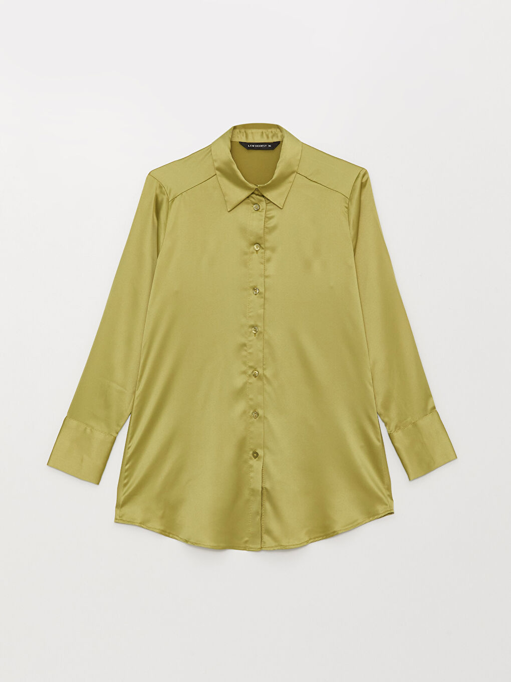 Yeşil Düz Uzun Kollu Saten Kadın Gömlek Tunik-5