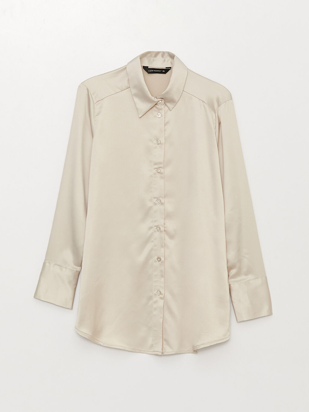 Bej Düz Uzun Kollu Saten Kadın Gömlek Tunik-5