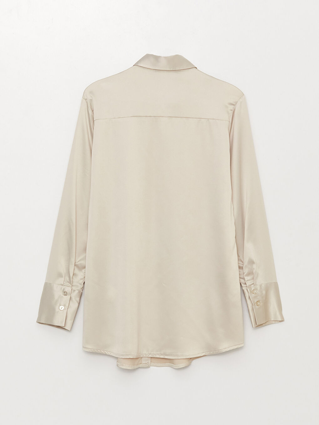 Bej Düz Uzun Kollu Saten Kadın Gömlek Tunik-6
