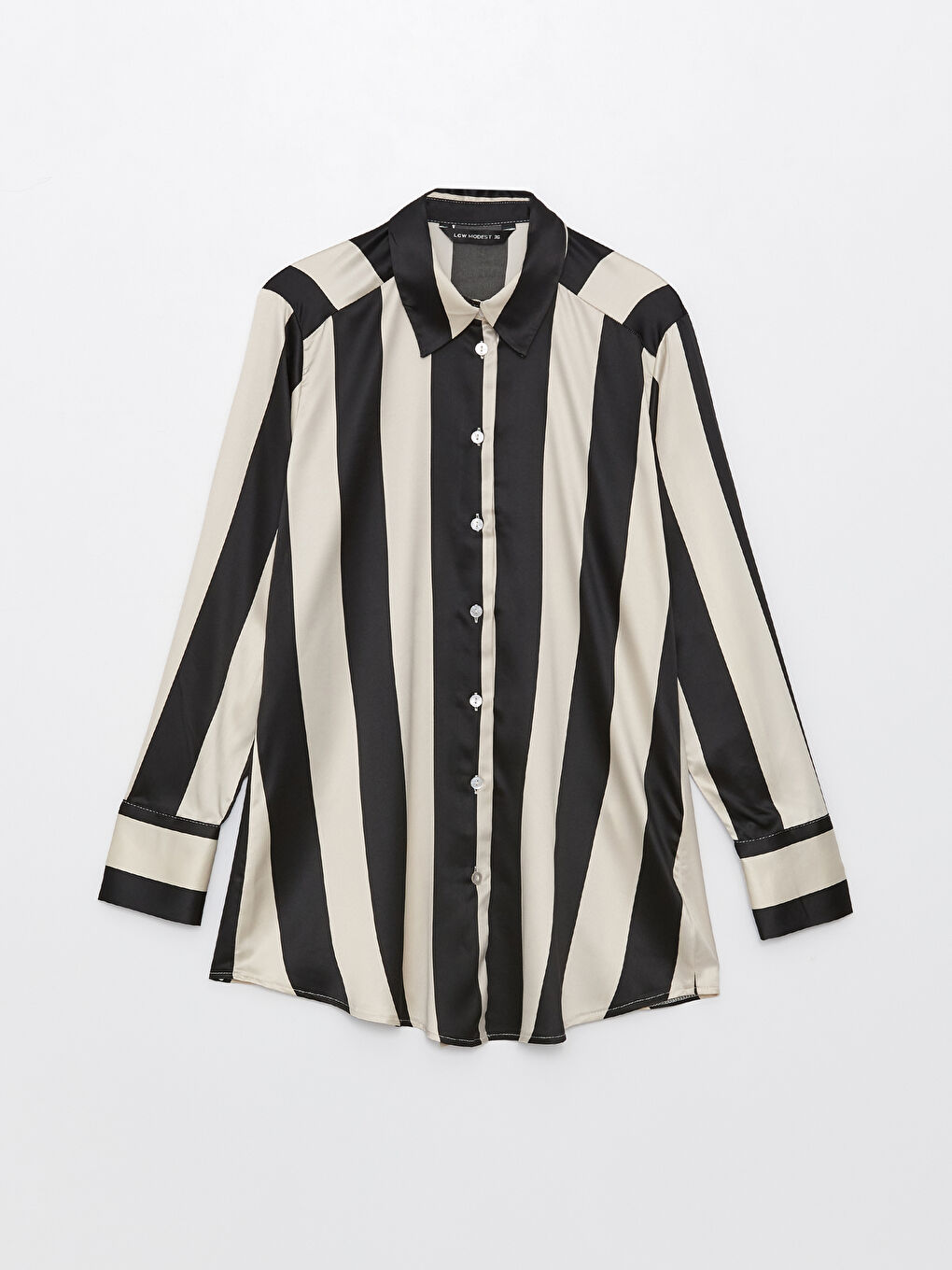 Siyah Çizgili Uzun Kollu Saten Kadın Gömlek-5