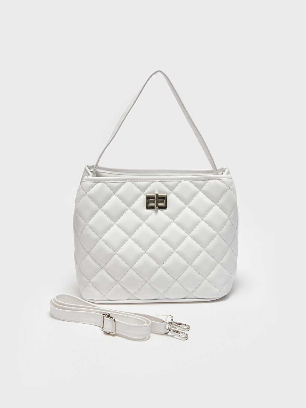 Beyaz Deri Görünümlü Kapitoneli Kadın Omuz Çantası-3