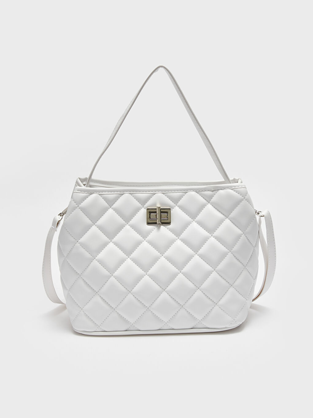 Beyaz Deri Görünümlü Kapitoneli Kadın Omuz Çantası-4