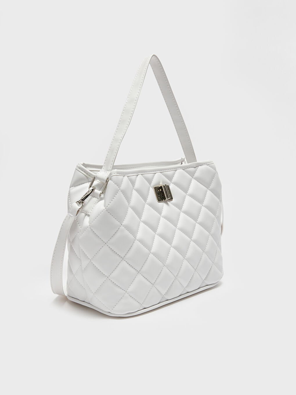 Beyaz Deri Görünümlü Kapitoneli Kadın Omuz Çantası-5